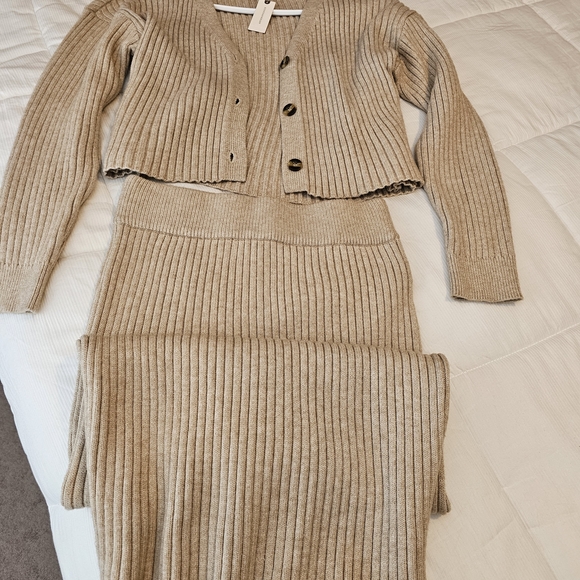 Anthropologie Sweaters - Anthropologie Tan Cardigan Skirt Set New
